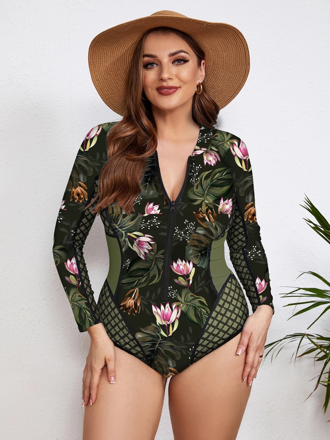 Floral Rash Guard Long-Sleeve Swimwear for Full-Figured Women