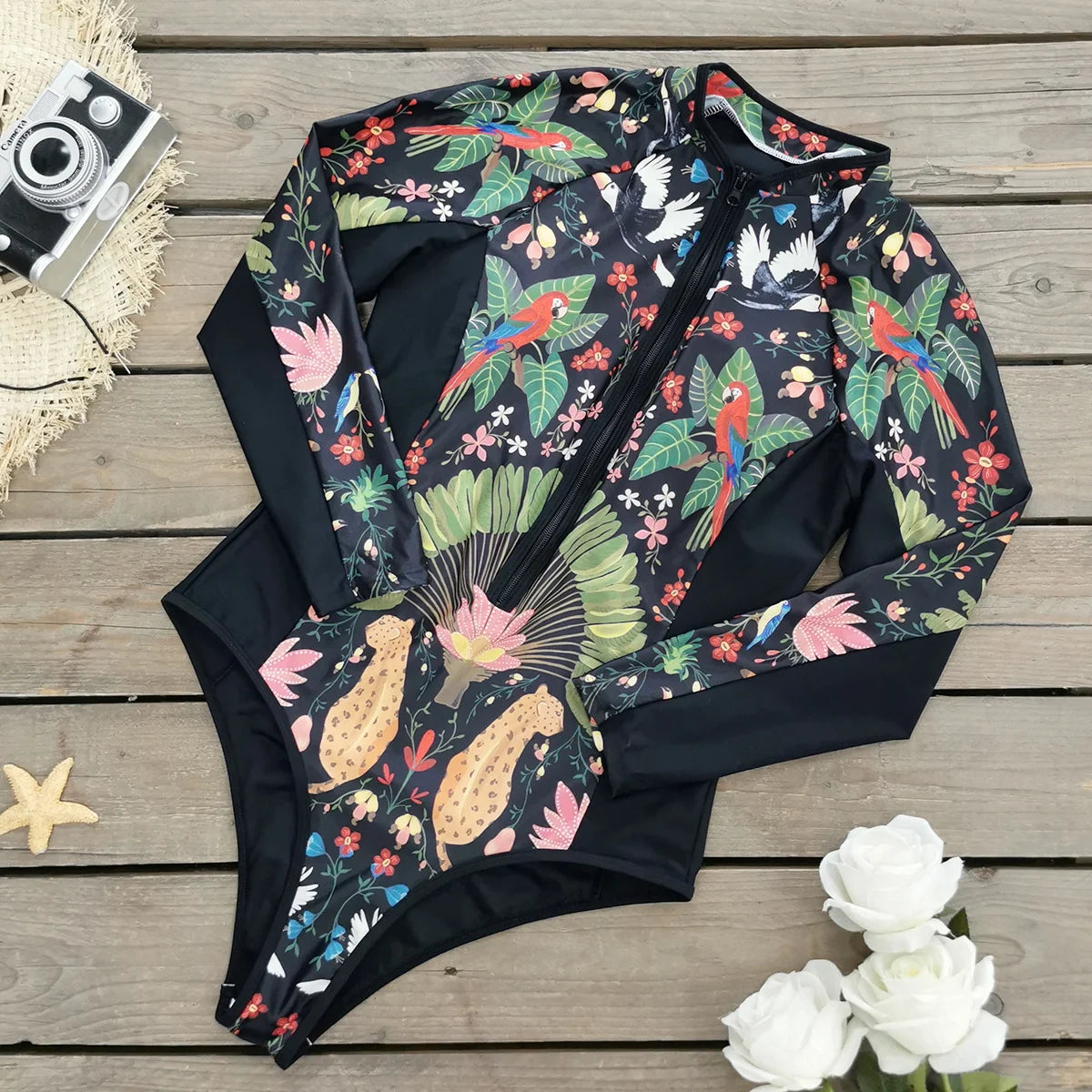 Floral Rash Guard Long-Sleeve Swimwear for Full-Figured Women