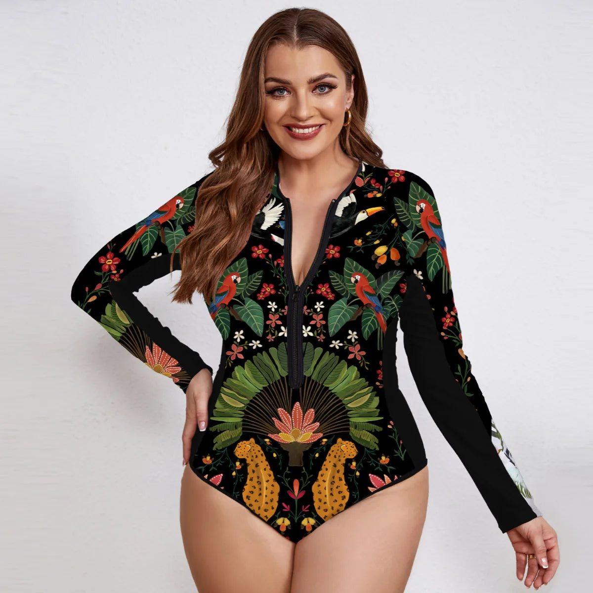 Floral Rash Guard Long-Sleeve Swimwear for Full-Figured Women