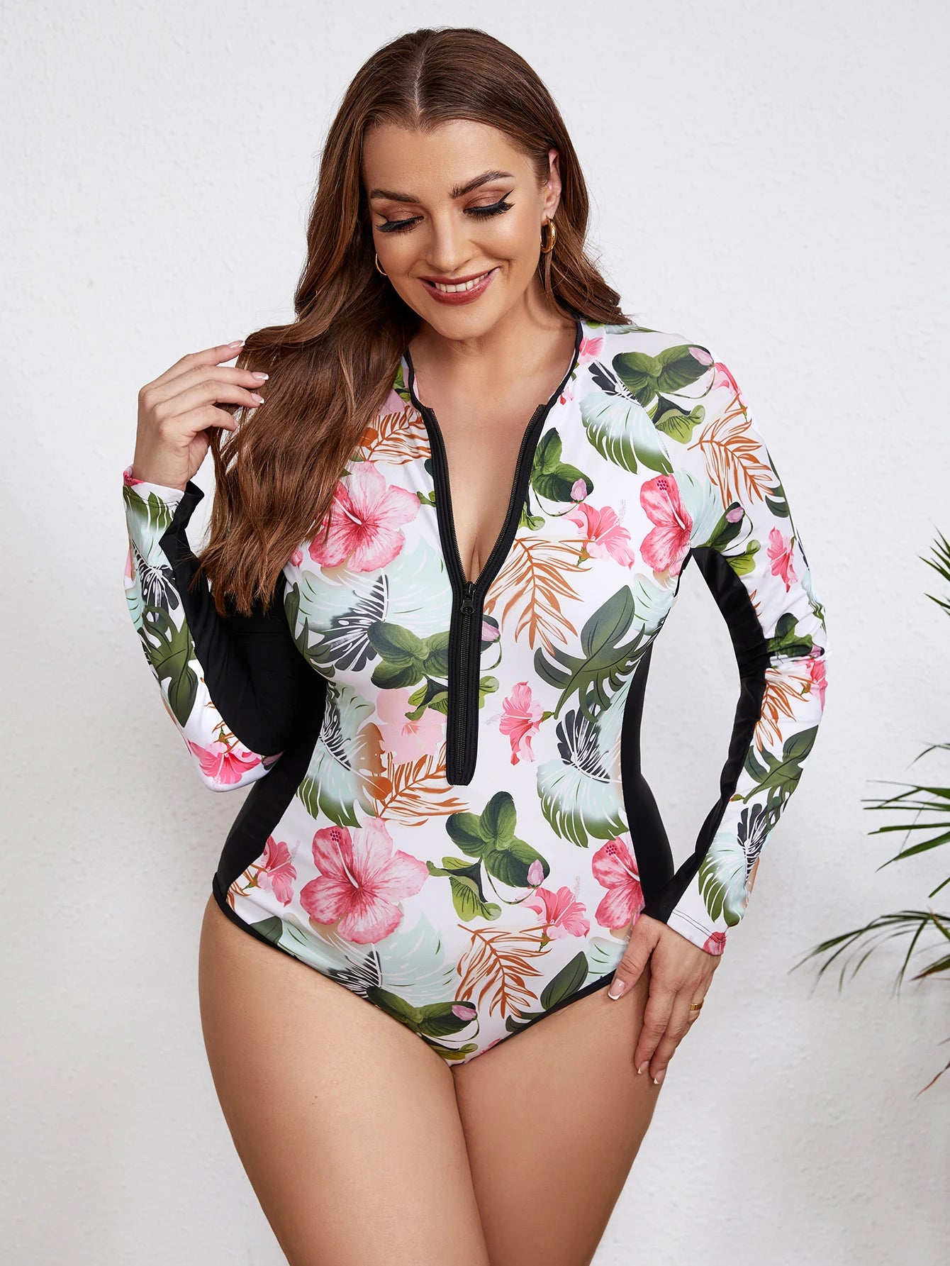 Floral Rash Guard Long-Sleeve Swimwear for Full-Figured Women