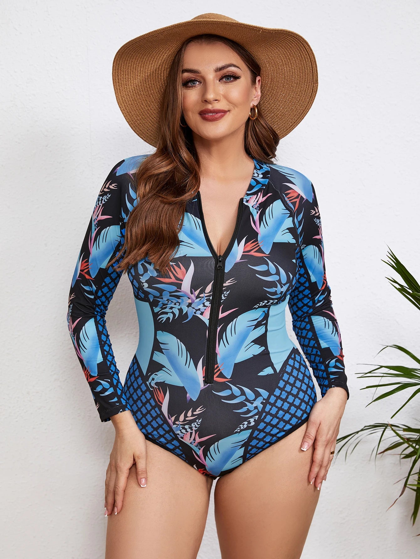 Floral Rash Guard Long-Sleeve Swimwear for Full-Figured Women