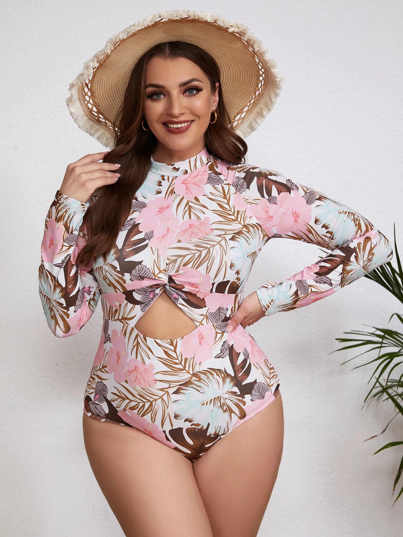 Floral Rash Guard Long-Sleeve Swimwear for Full-Figured Women