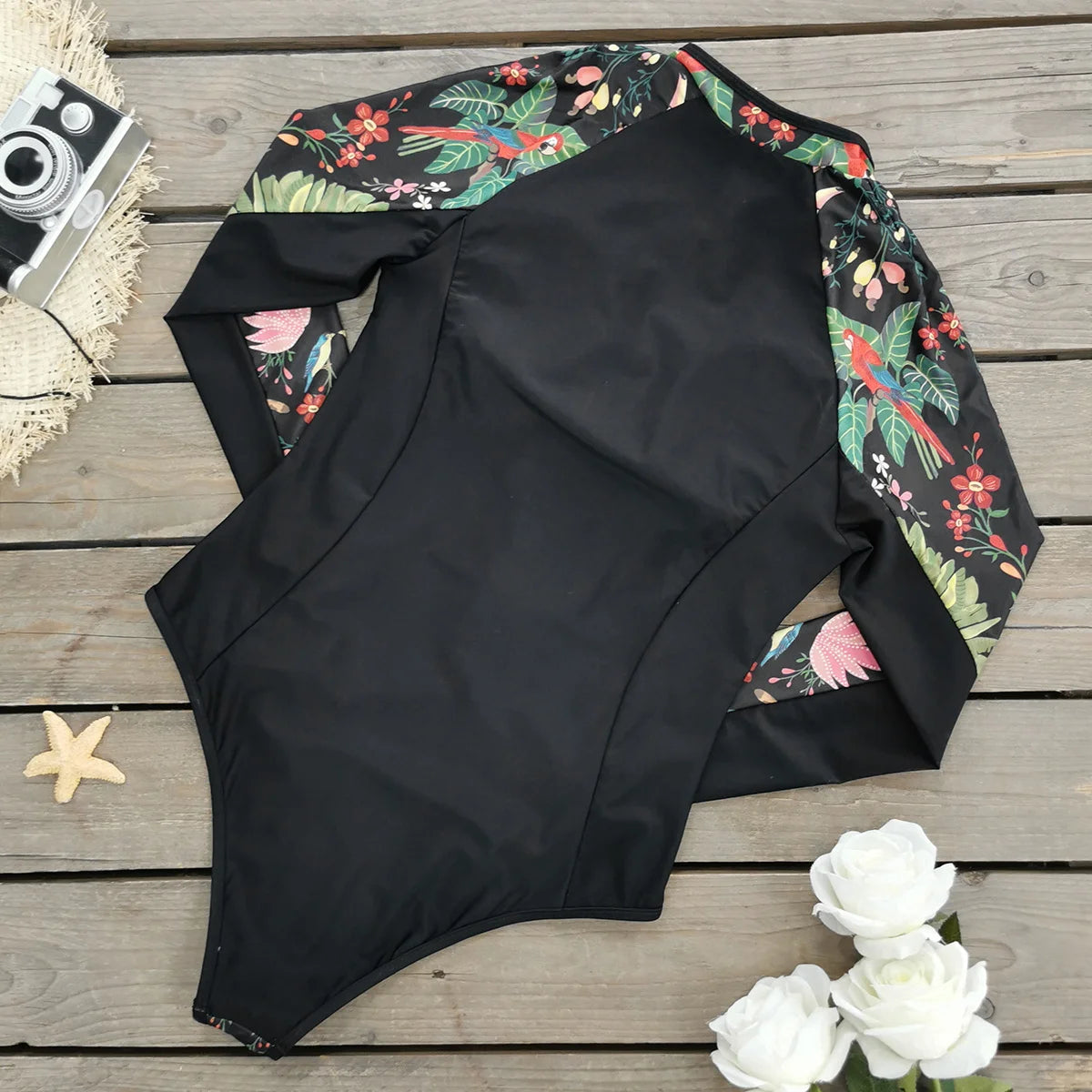 Floral Rash Guard Long-Sleeve Swimwear for Full-Figured Women