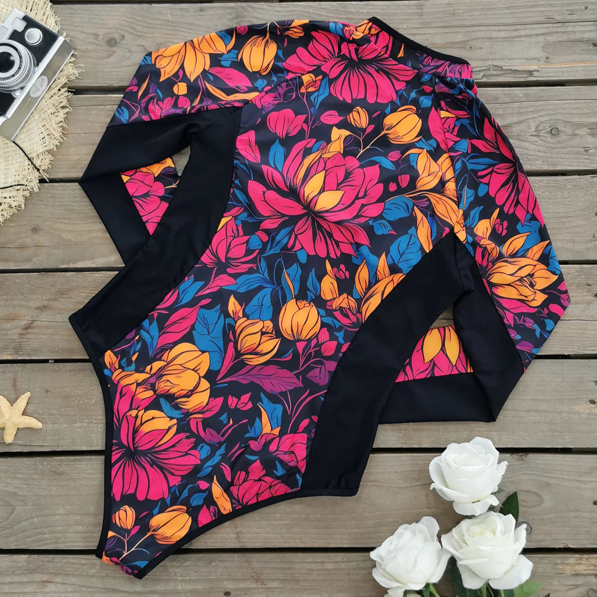 Floral Rash Guard Long-Sleeve Swimwear for Full-Figured Women