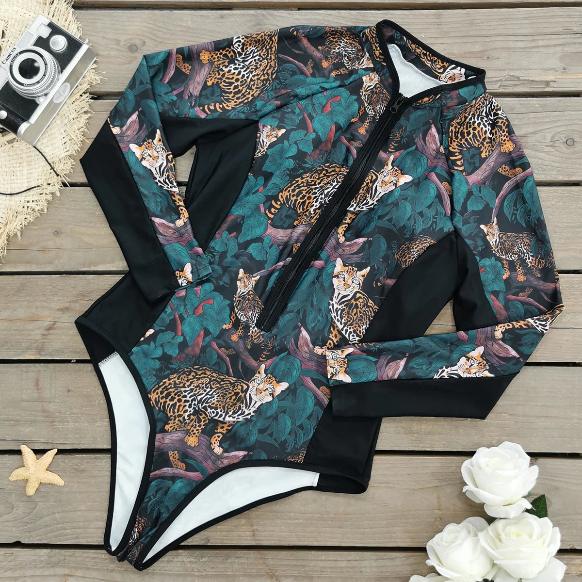 Floral Rash Guard Long-Sleeve Swimwear for Full-Figured Women