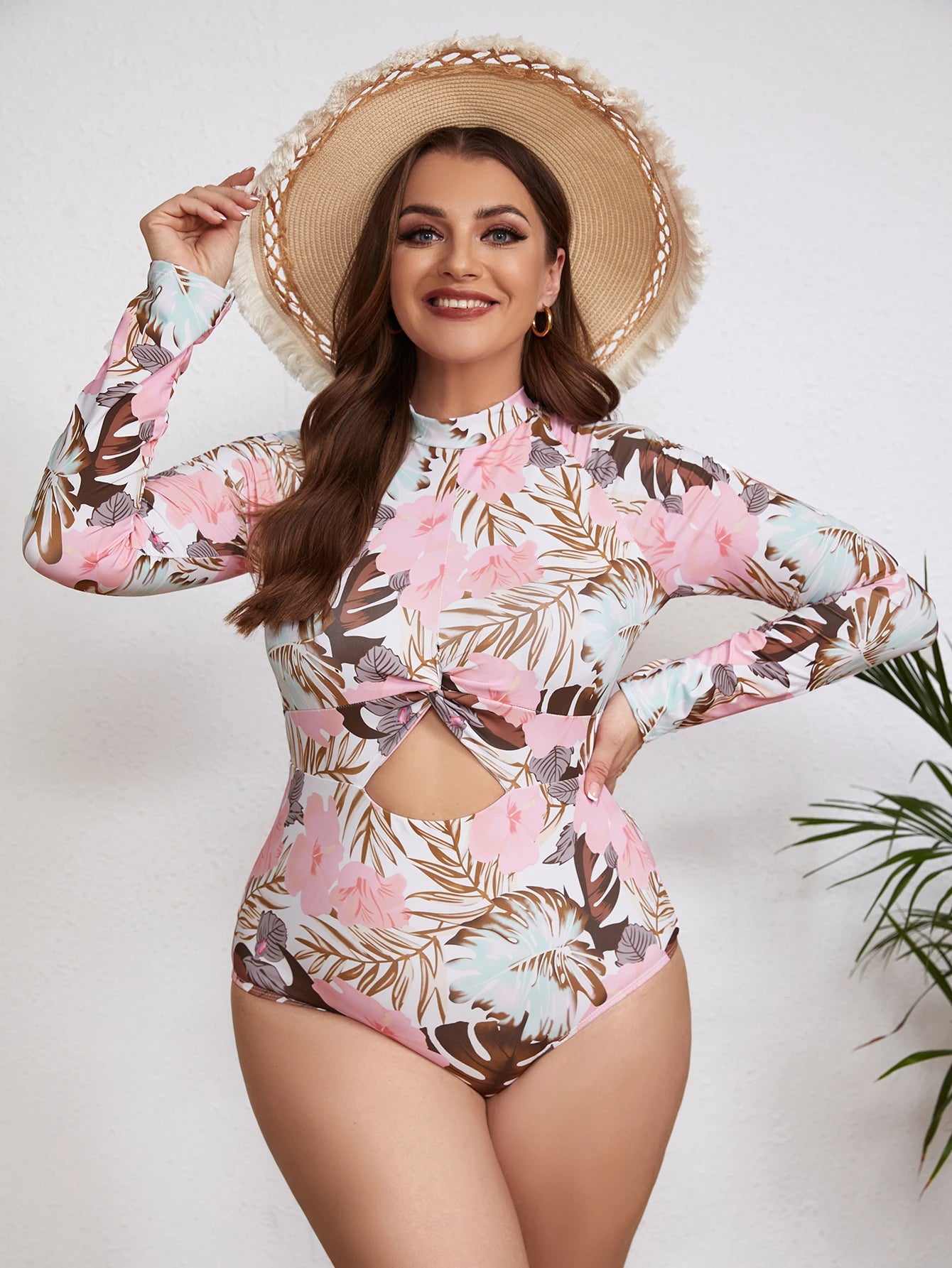 Floral Rash Guard Long-Sleeve Swimwear for Full-Figured Women