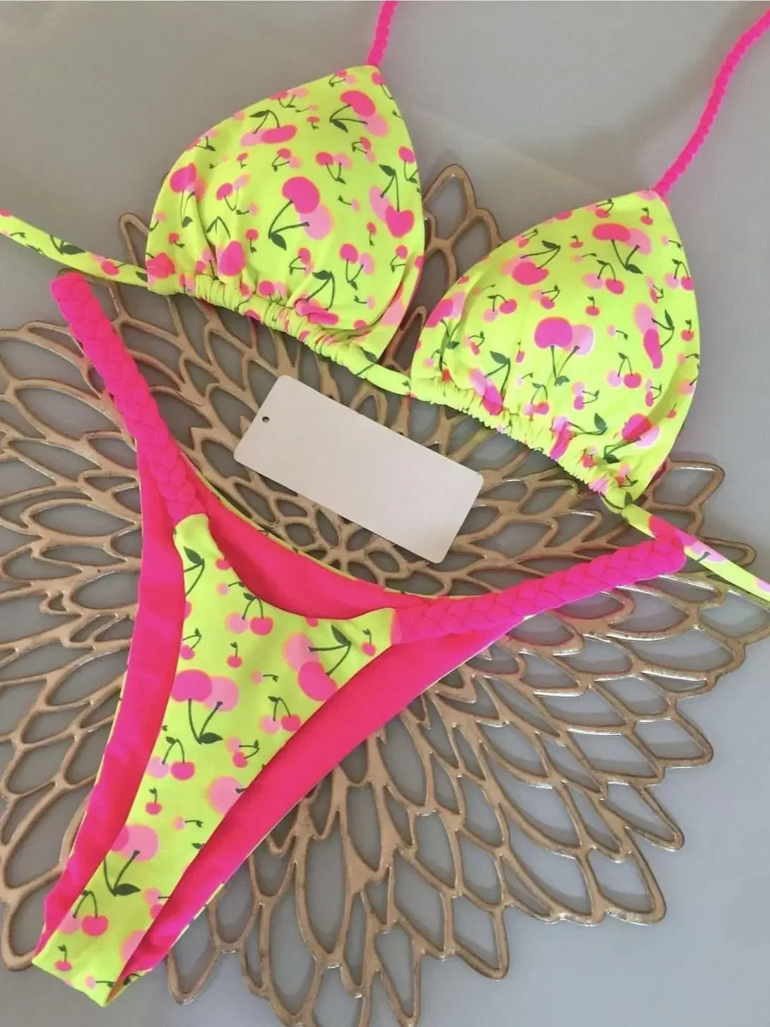 Cherry Print 2-Piece Bikini – Fluorescent & Tropical Swimwear	