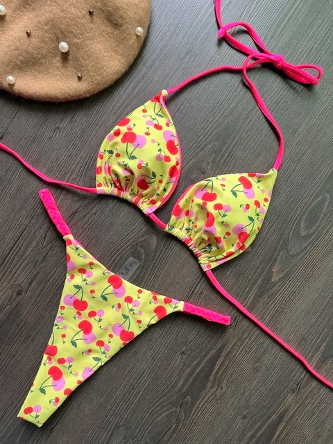 Cherry Print Micro Bikini 2-Piece Neon Swimsuit Bikinis