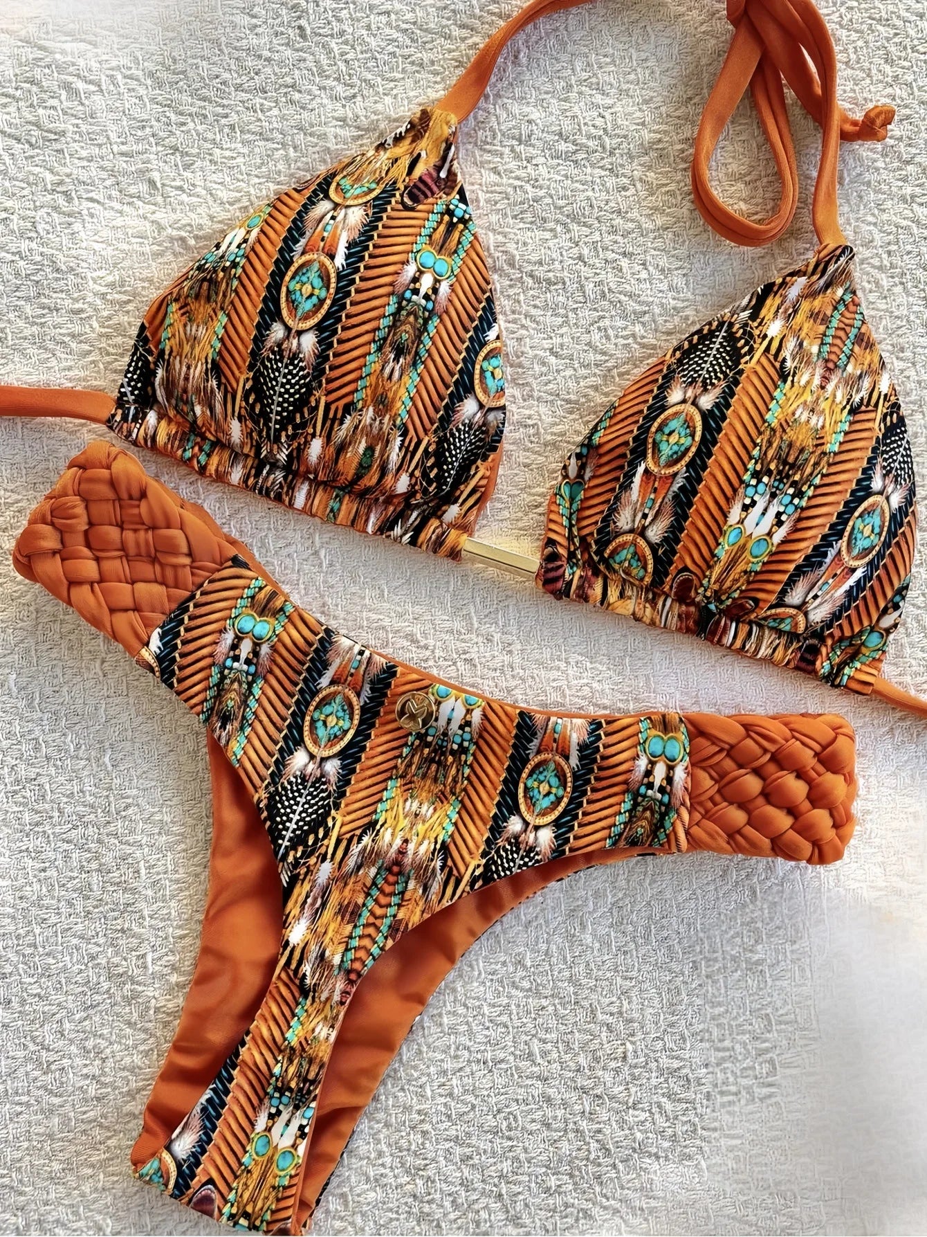 Tribal Boho Print Two-Piece Swimwear with Braided Accents	