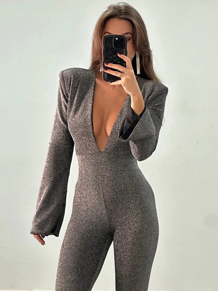 Sparkly Evening Jumpsuit Plunging Neckline Pantsuits Jumpsuits