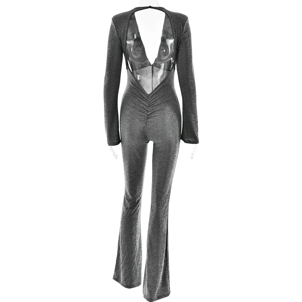 Sparkly Evening Jumpsuit Plunging Neckline Pantsuits Jumpsuits