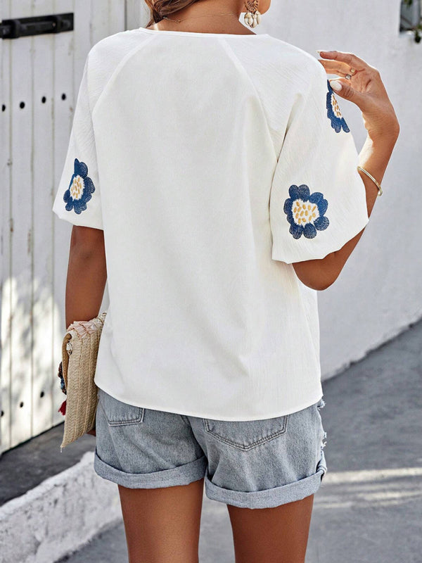 Floral Embroidered V-Neck Top for Women Blouses