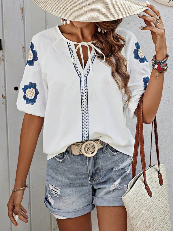 Floral Embroidered V-Neck Top for Women Blouses