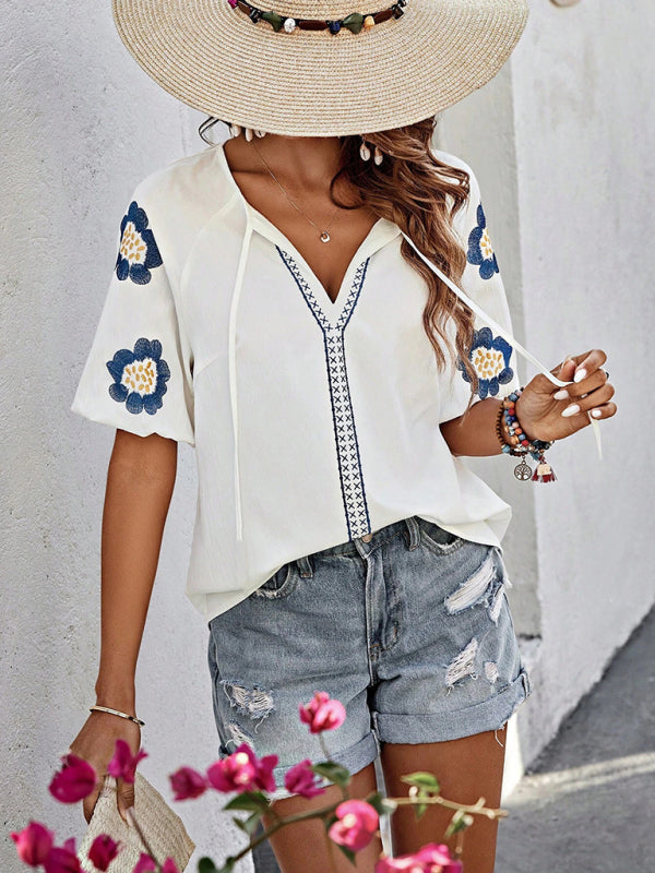 Floral Embroidered V-Neck Top for Women Blouses