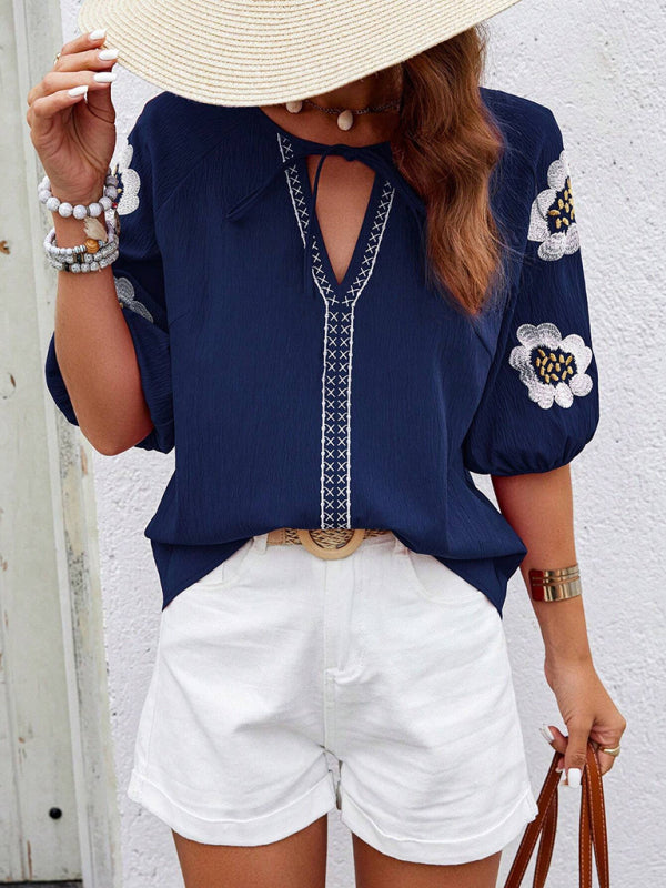 Floral Embroidered V-Neck Top for Women Blouses