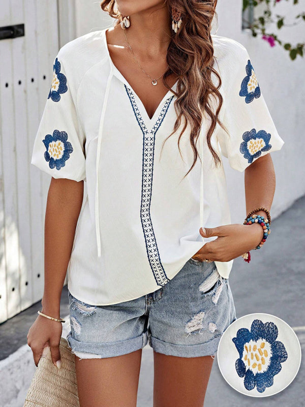 Floral Embroidered V-Neck Top for Women Blouses