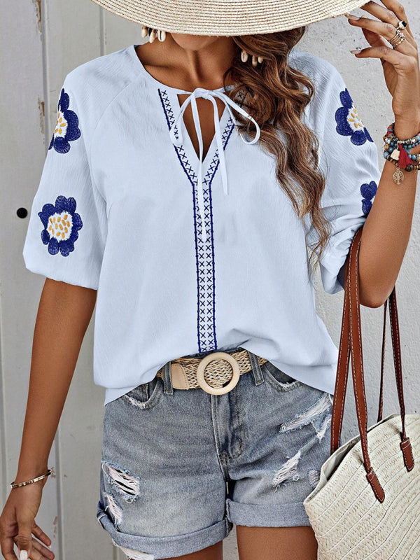 Floral Embroidered V-Neck Top for Women Blouses