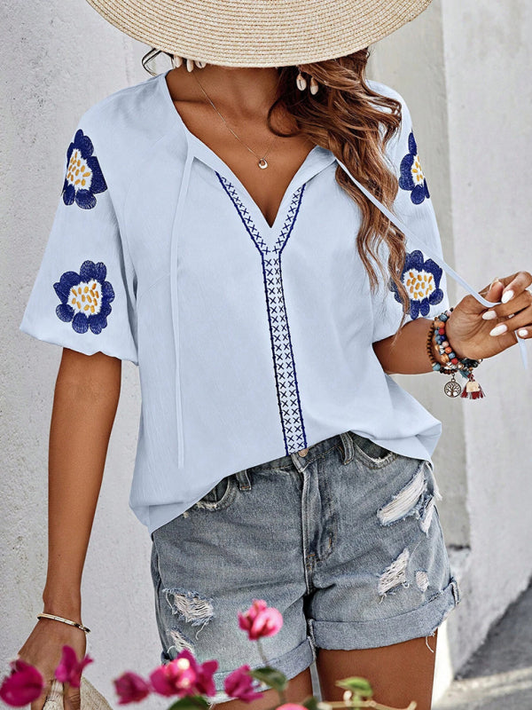 Floral Embroidered V-Neck Top for Women Blouses