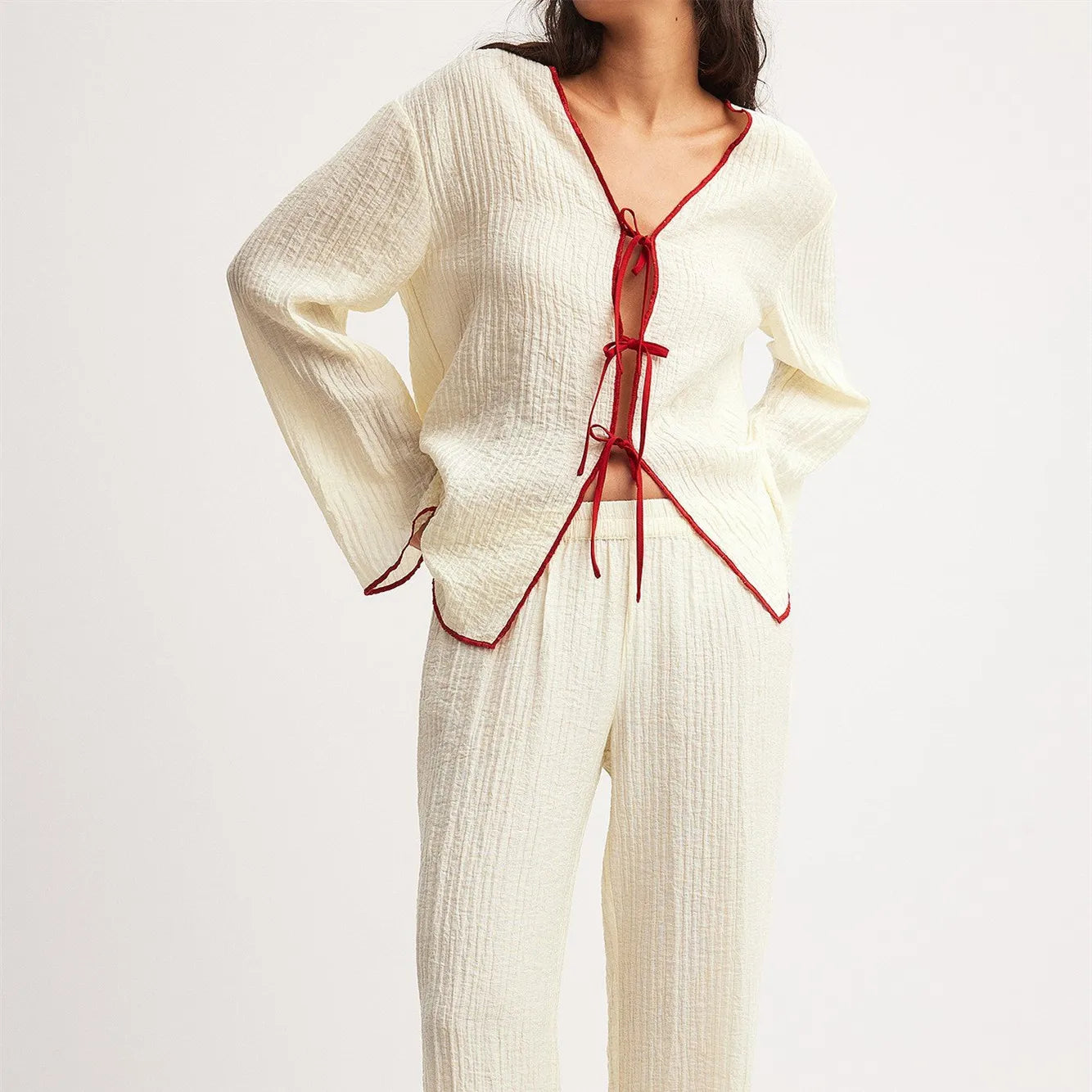 Comfy Pants and Tie-Up Top Loungewear Set with Red Piping for