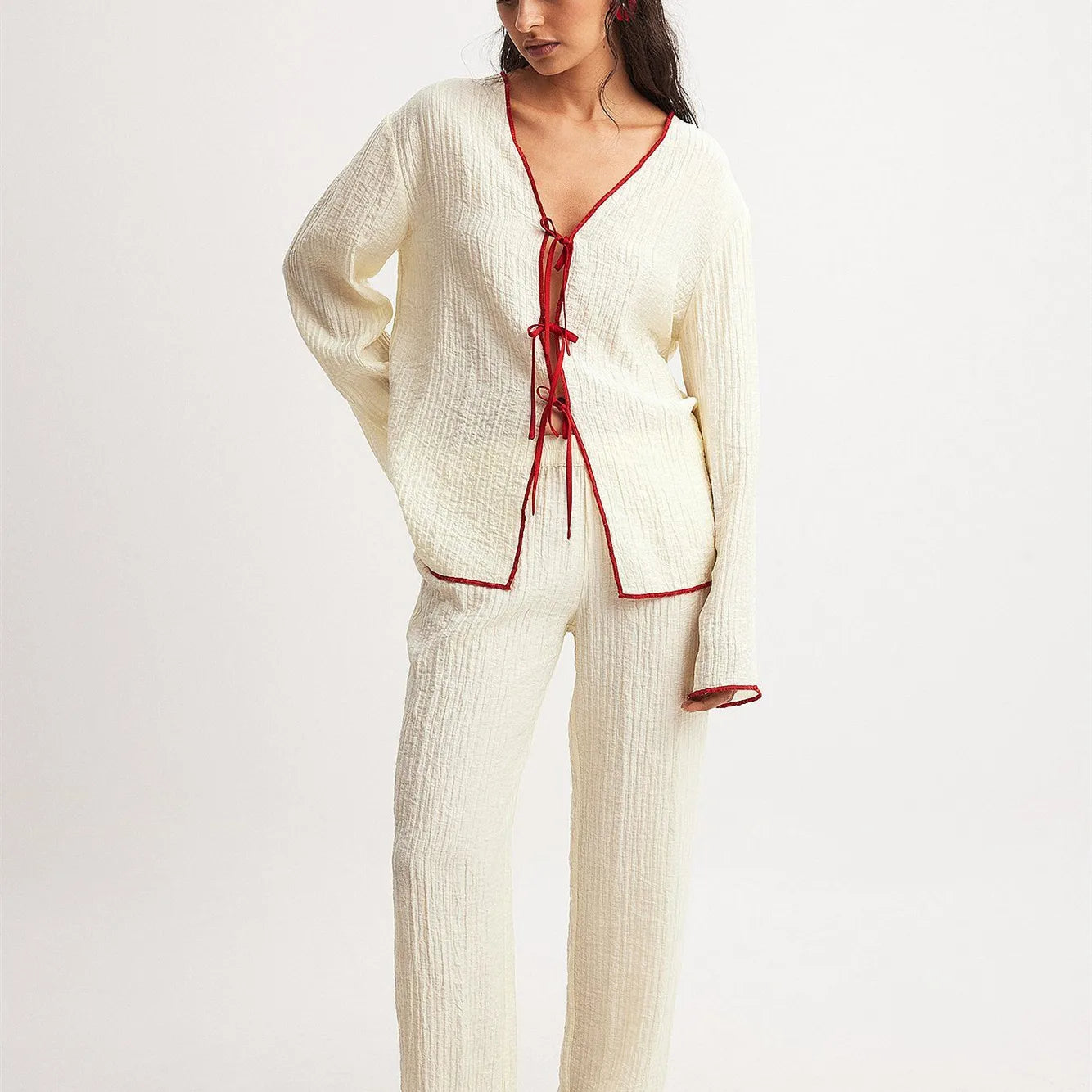 Comfy Pants and Tie-Up Top Loungewear Set with Red Piping for