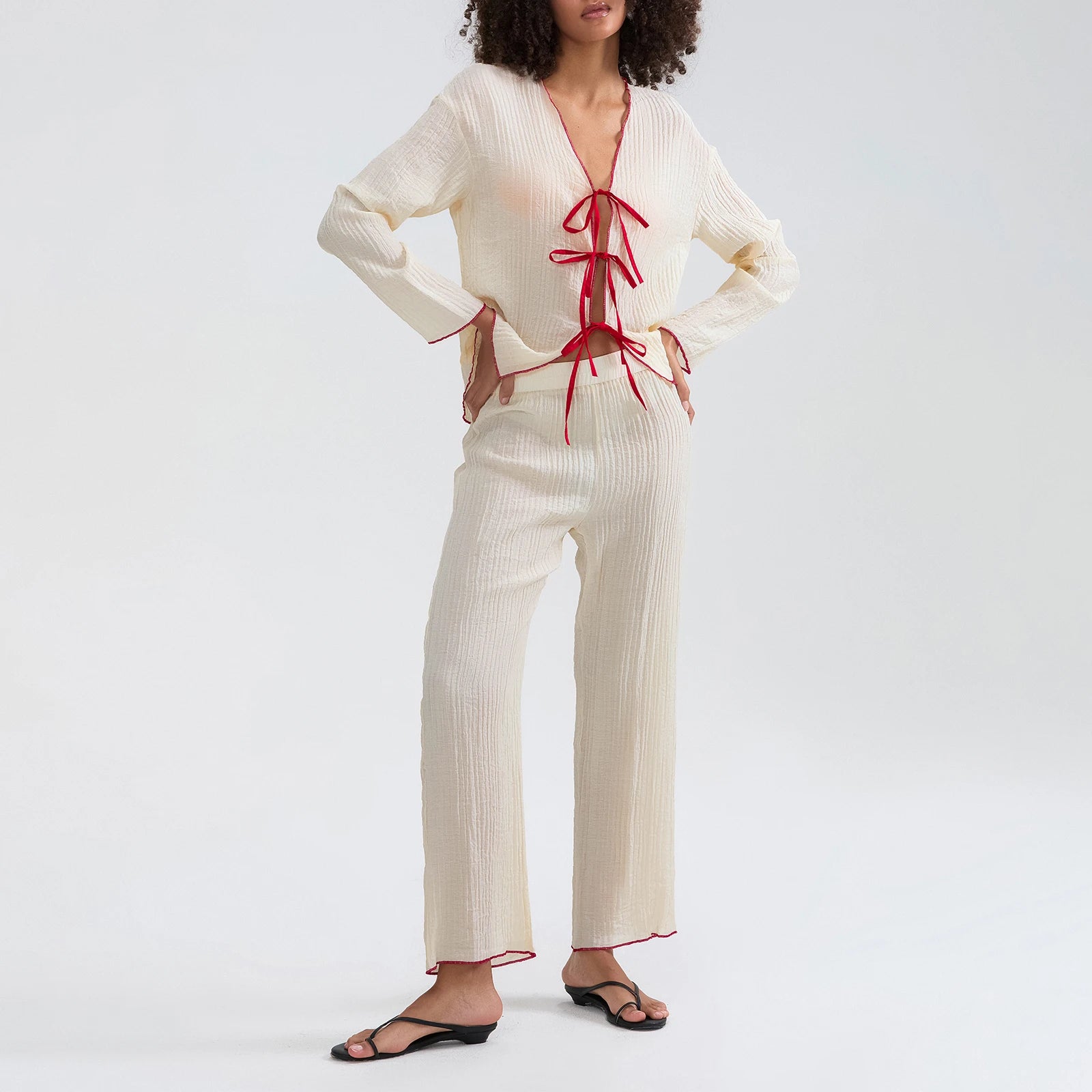 Comfy Pants and Tie-Up Top Loungewear Set with Red Piping for