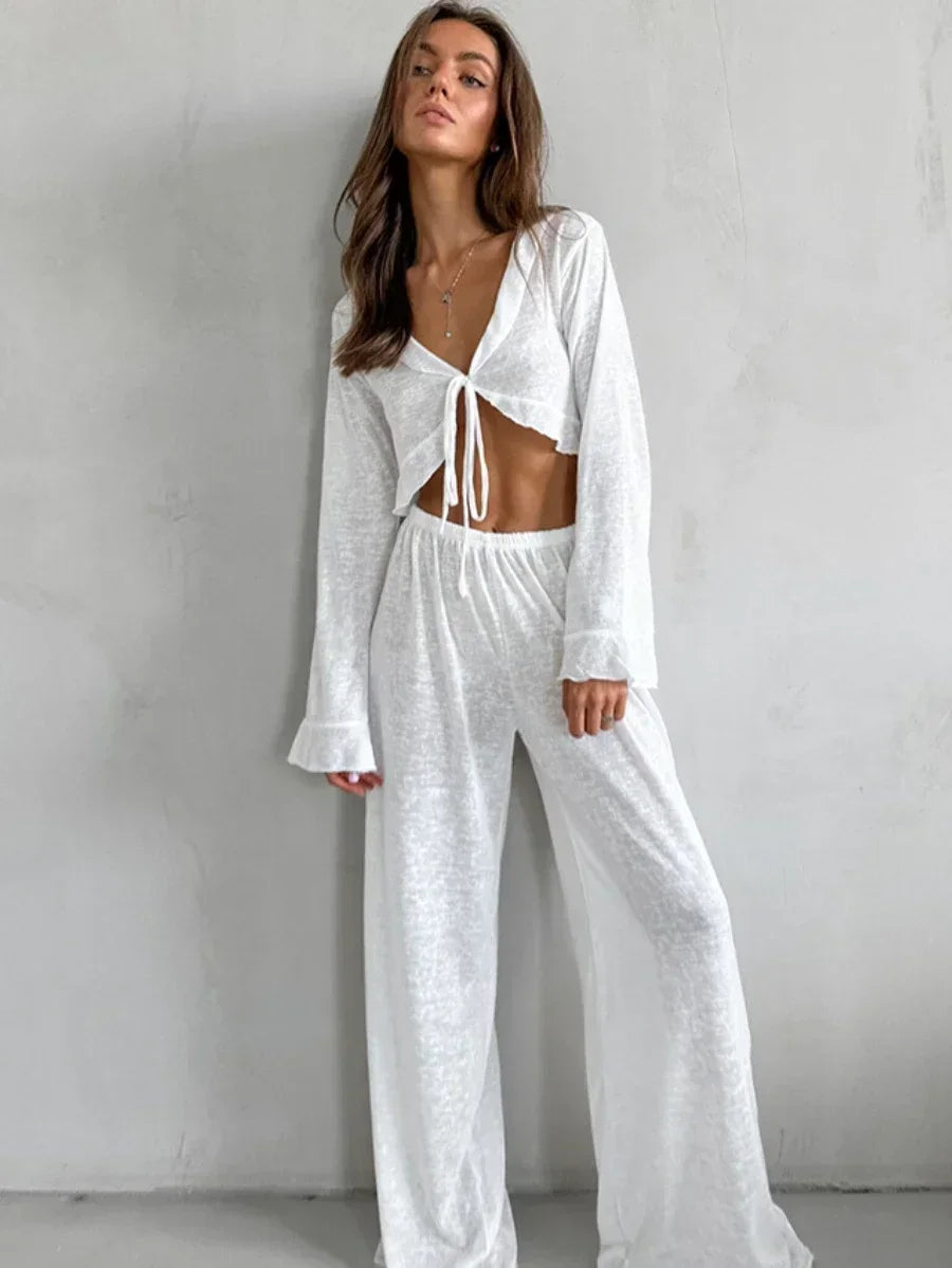 White Loungewear Set - Tie-Up Crop Top & Comfy Pants	