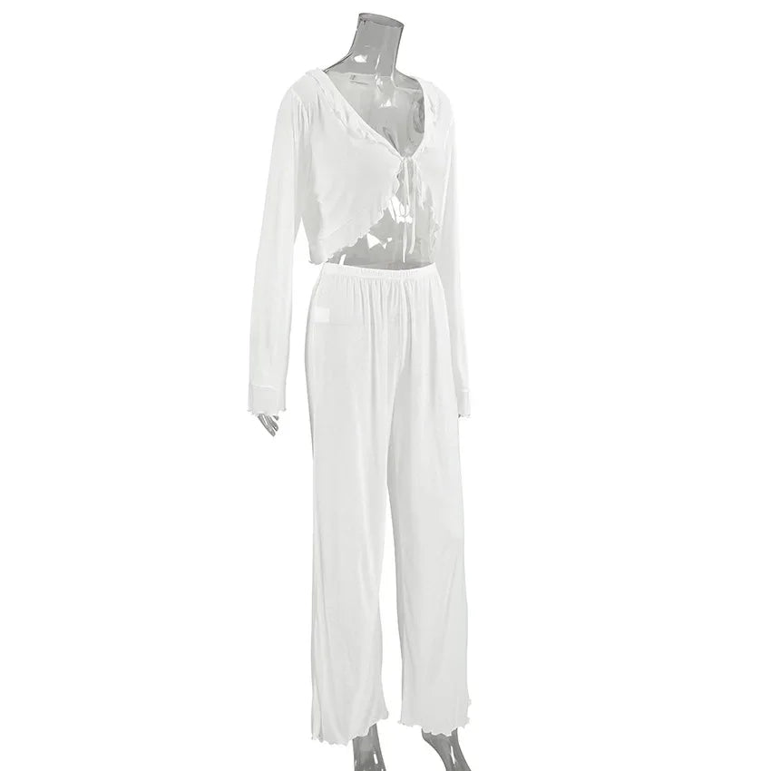 Soft Viscose Blend Loungewear in White Top and Pants Set