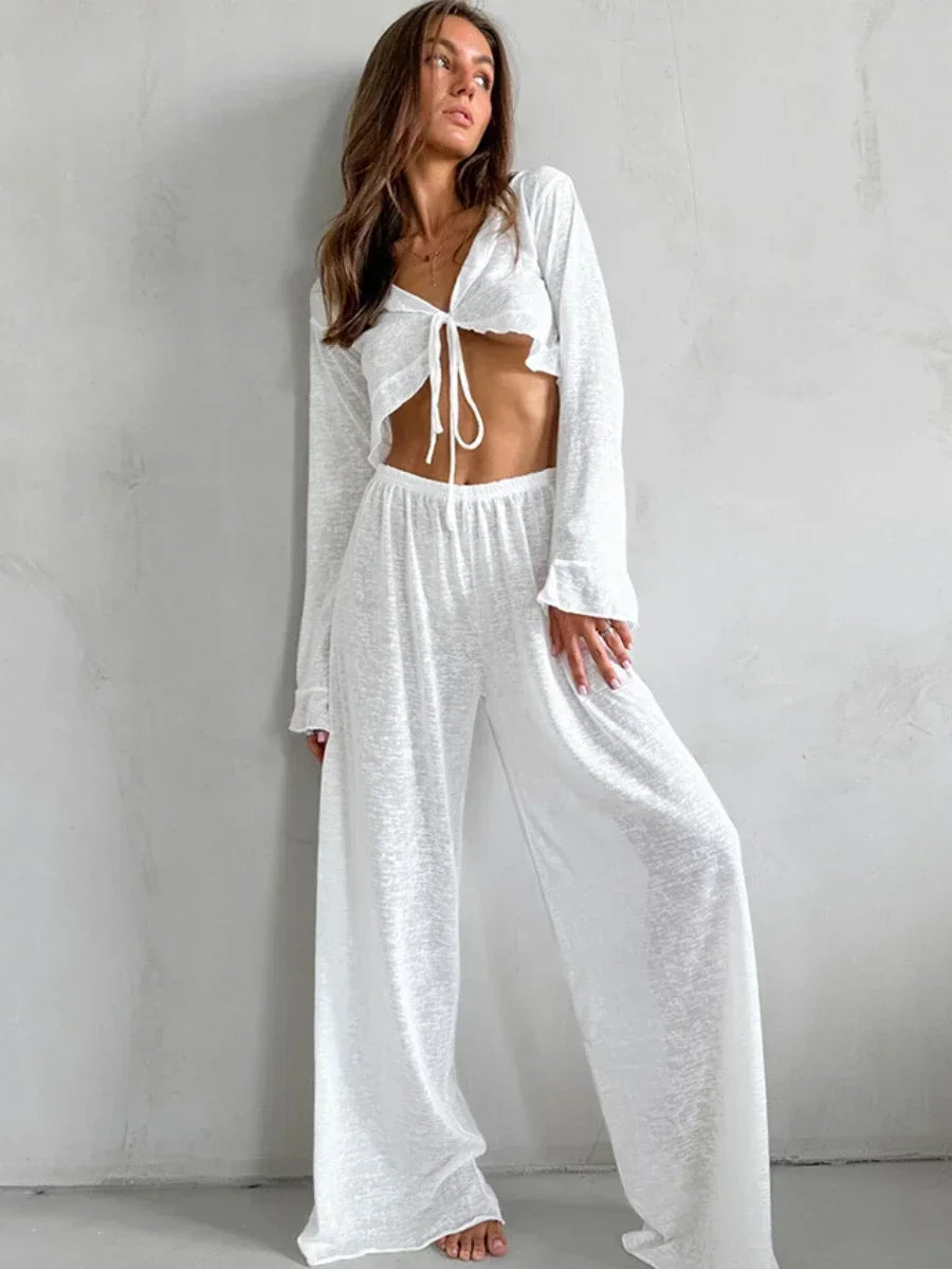 Soft Viscose Blend Loungewear in White Top and Pants Set