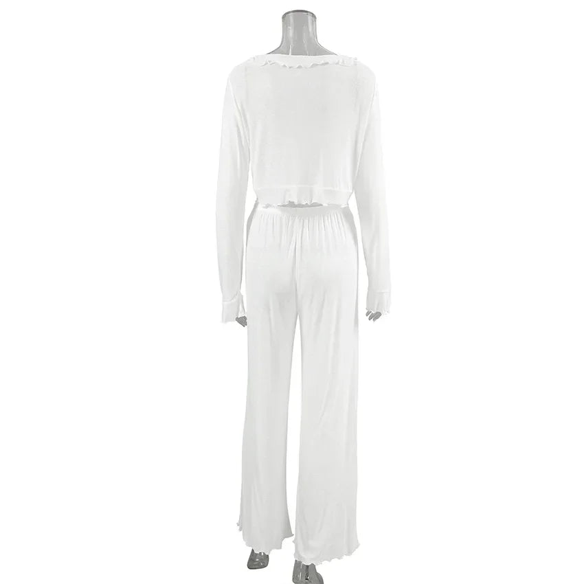 Soft Viscose Blend Loungewear in White Top and Pants Set