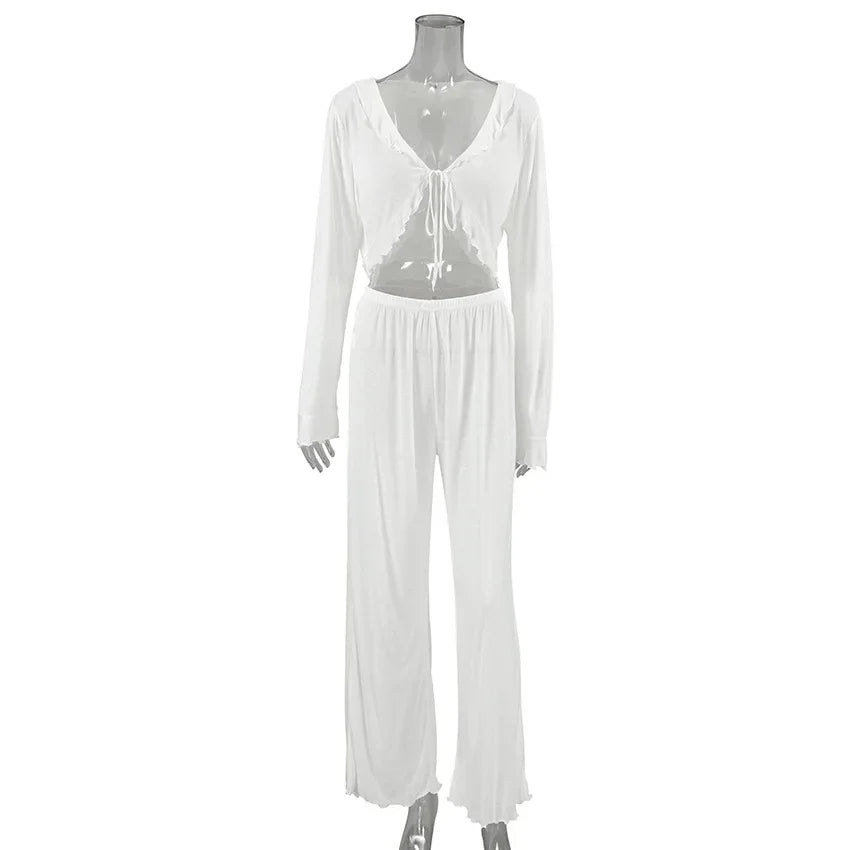 Soft Viscose Blend Loungewear in White Top and Pants Set