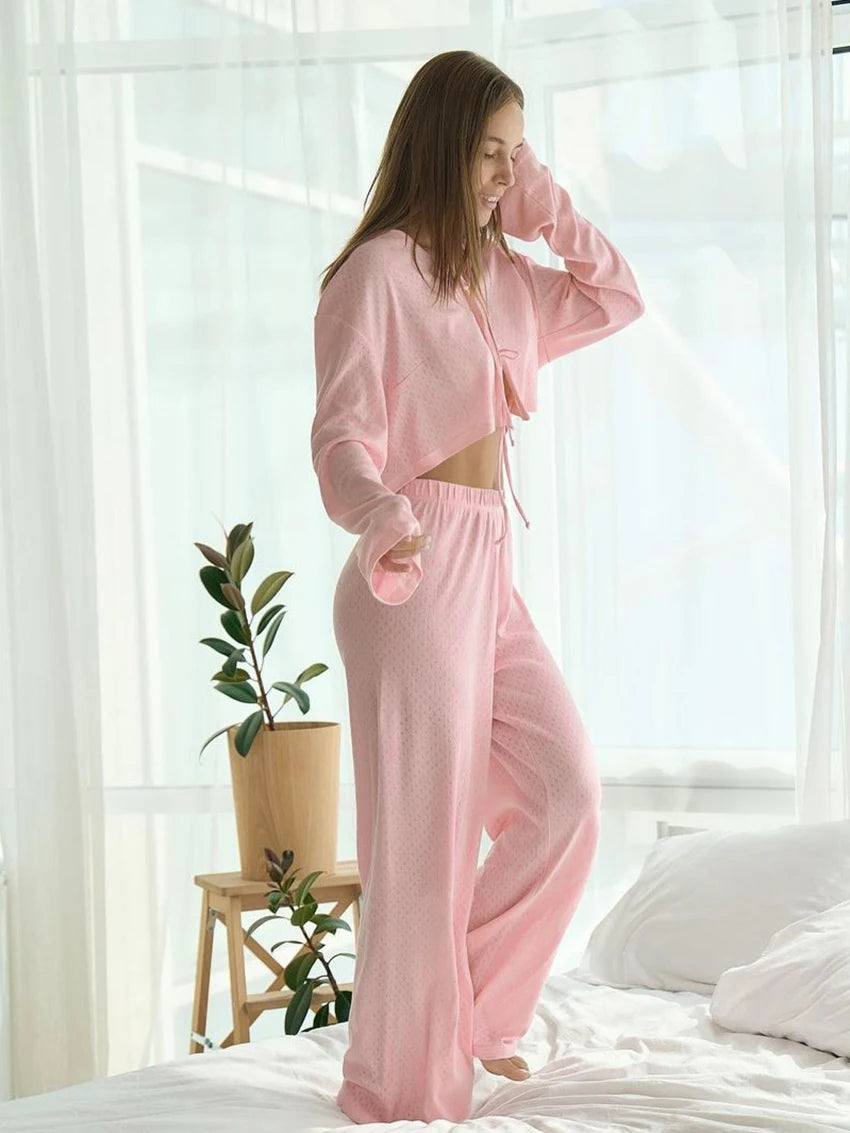 Pink Cotton Lounge Set with Lace-Up Top and Pants for Women