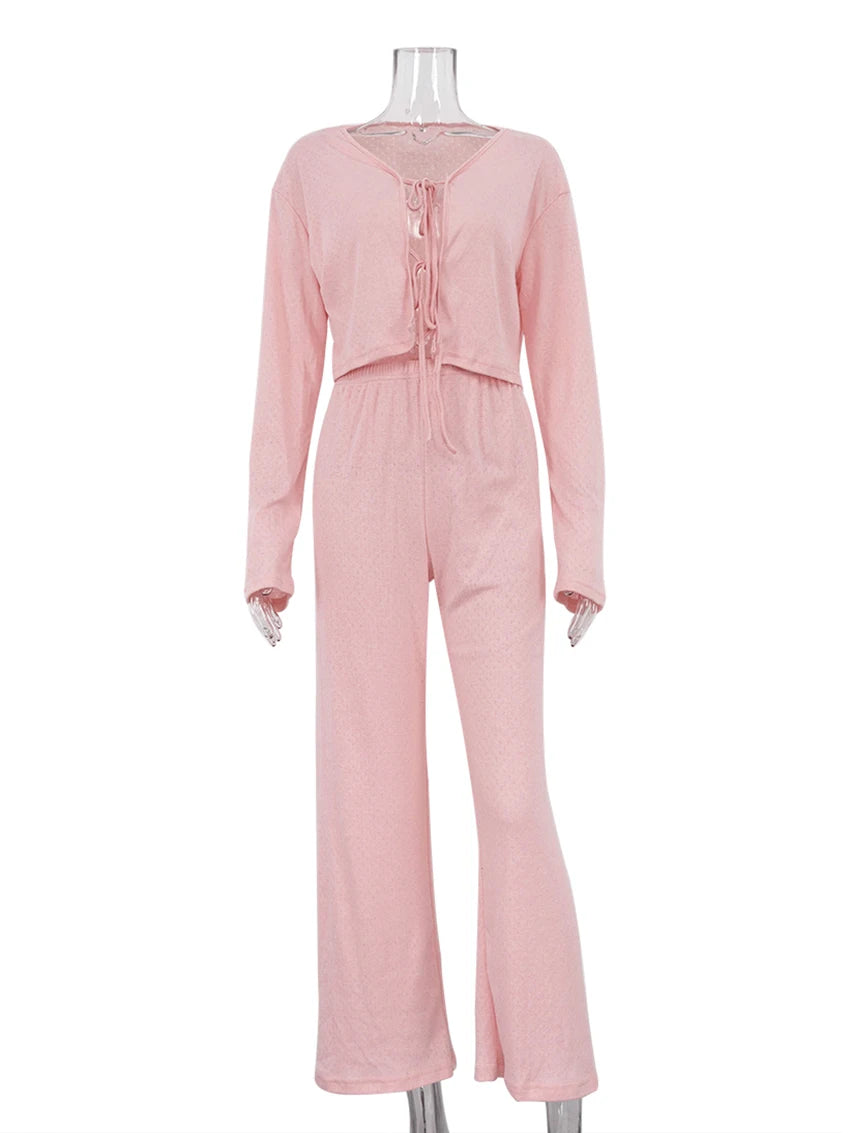 Pink Cotton Lounge Set with Lace-Up Top and Pants for Women