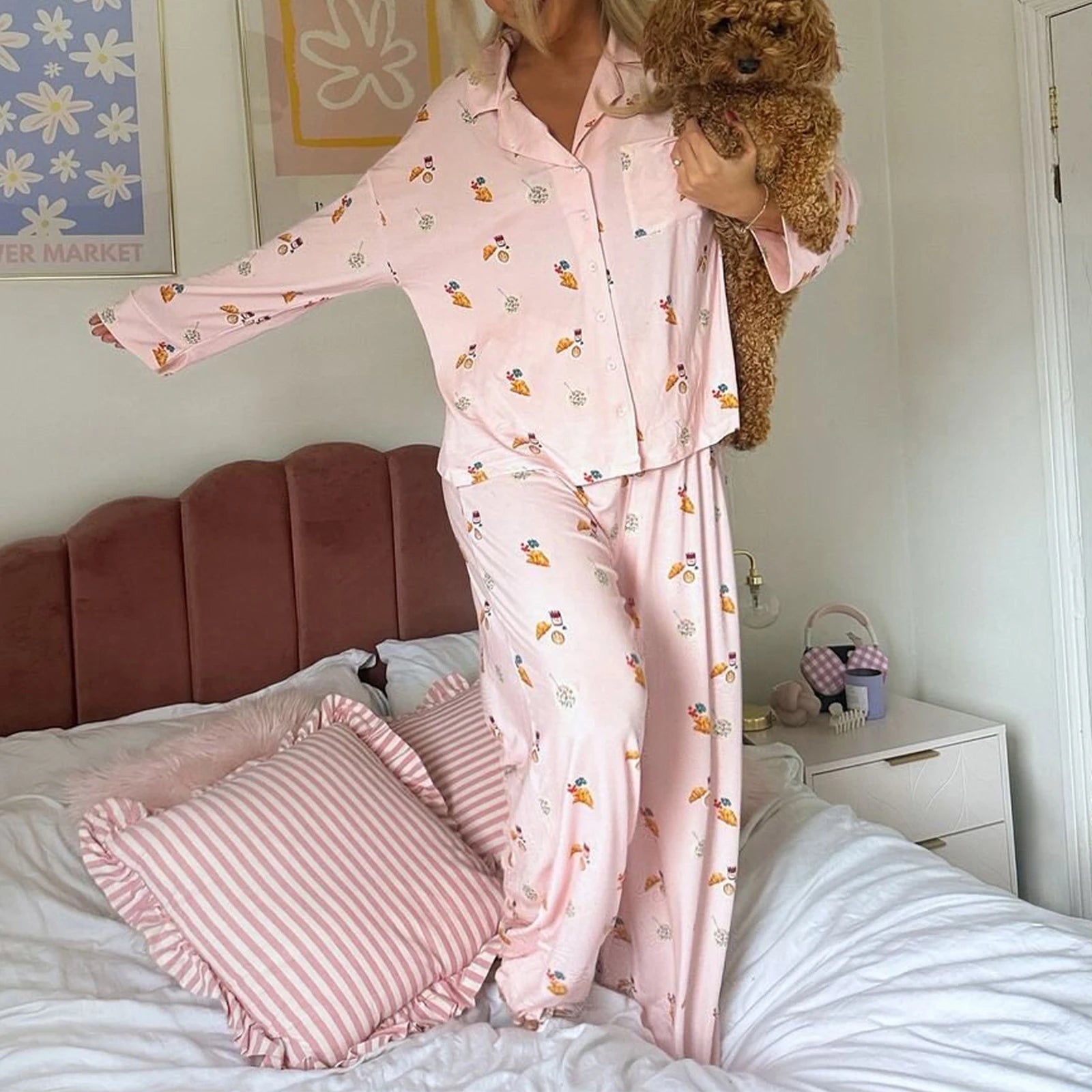 Women's Floral Long Sleeve Loose Pajamas Soft Sleepwear Set