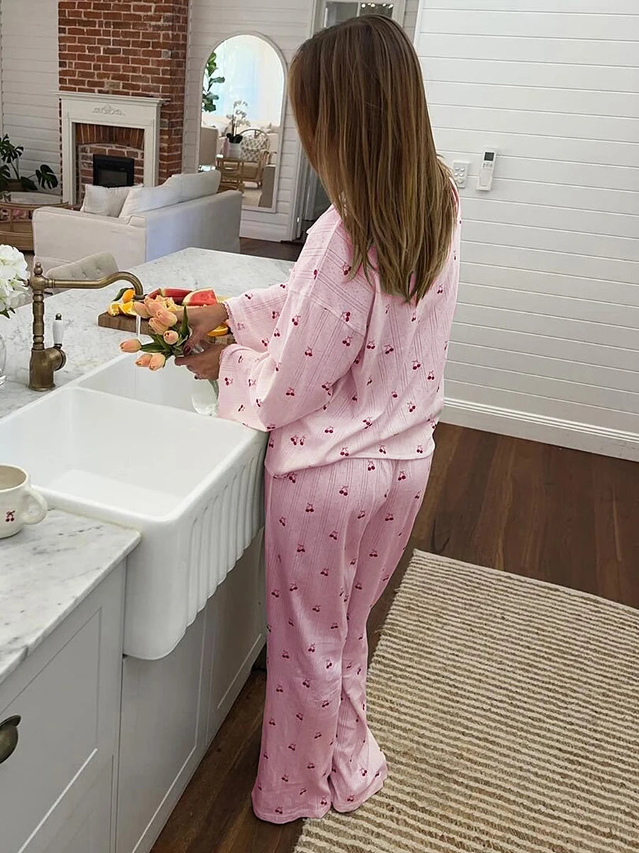 Women's Cherry Print Long Sleeve Pajamas Shirt and Pants