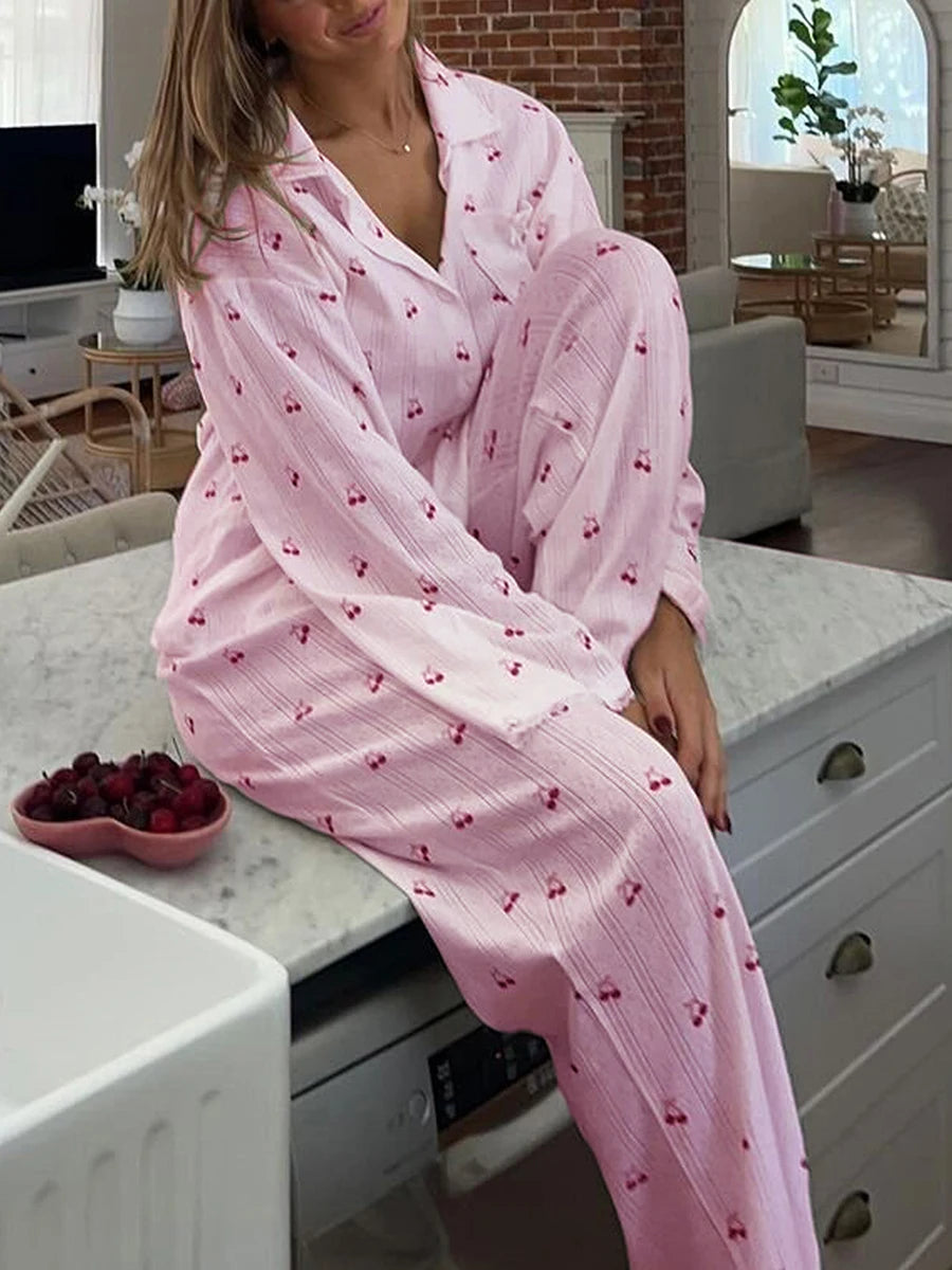 Women's Cherry Print Long Sleeve Pajamas Shirt and Pants