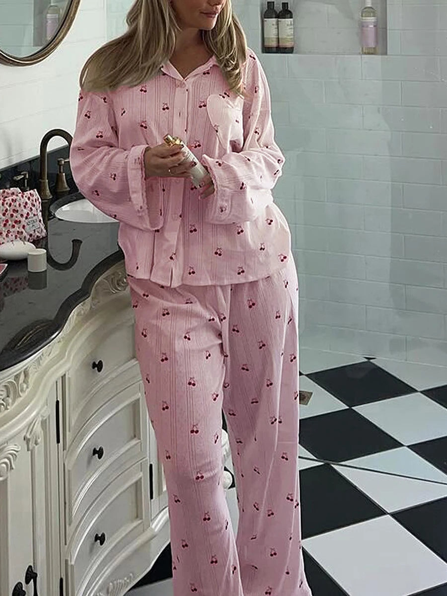 Women's Cherry Print Long Sleeve Pajamas Shirt and Pants