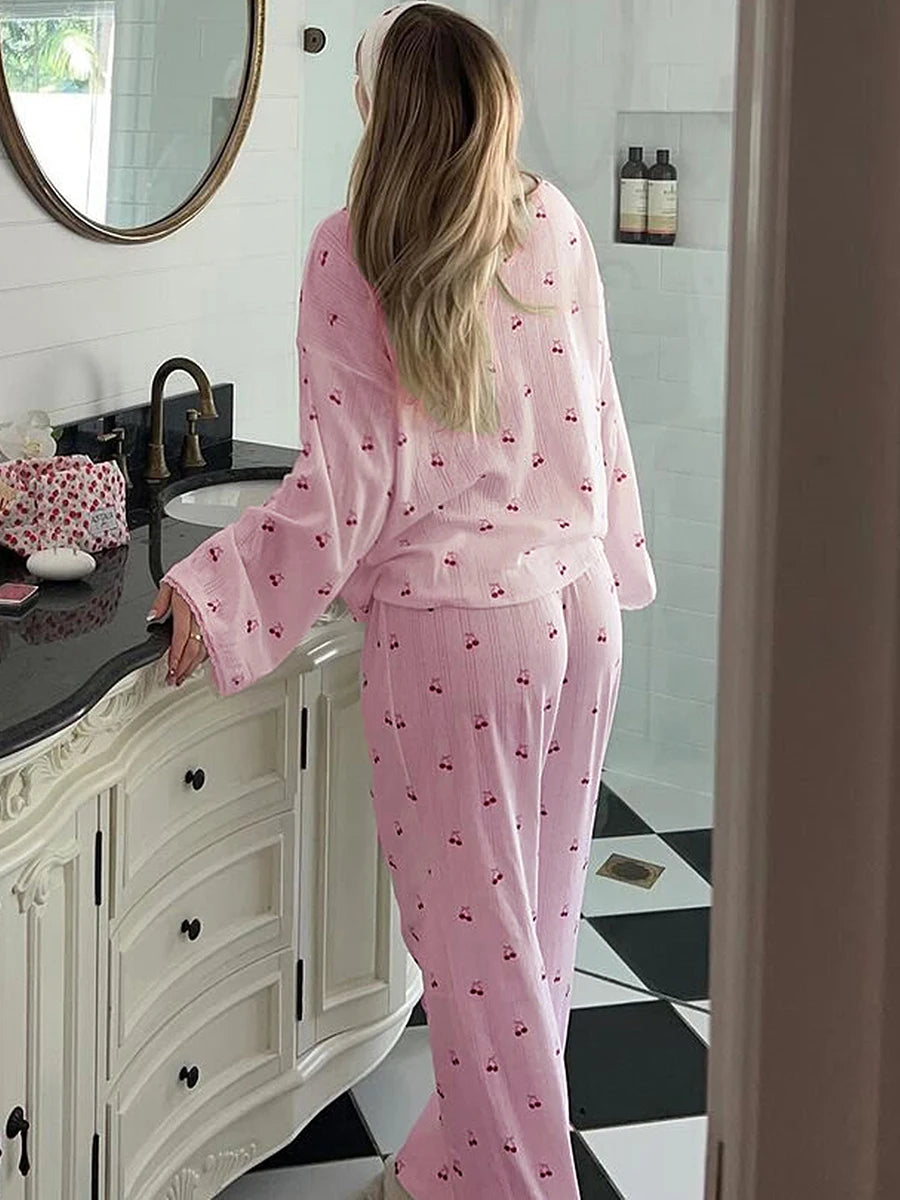 Women's Cherry Print Long Sleeve Pajamas Shirt and Pants