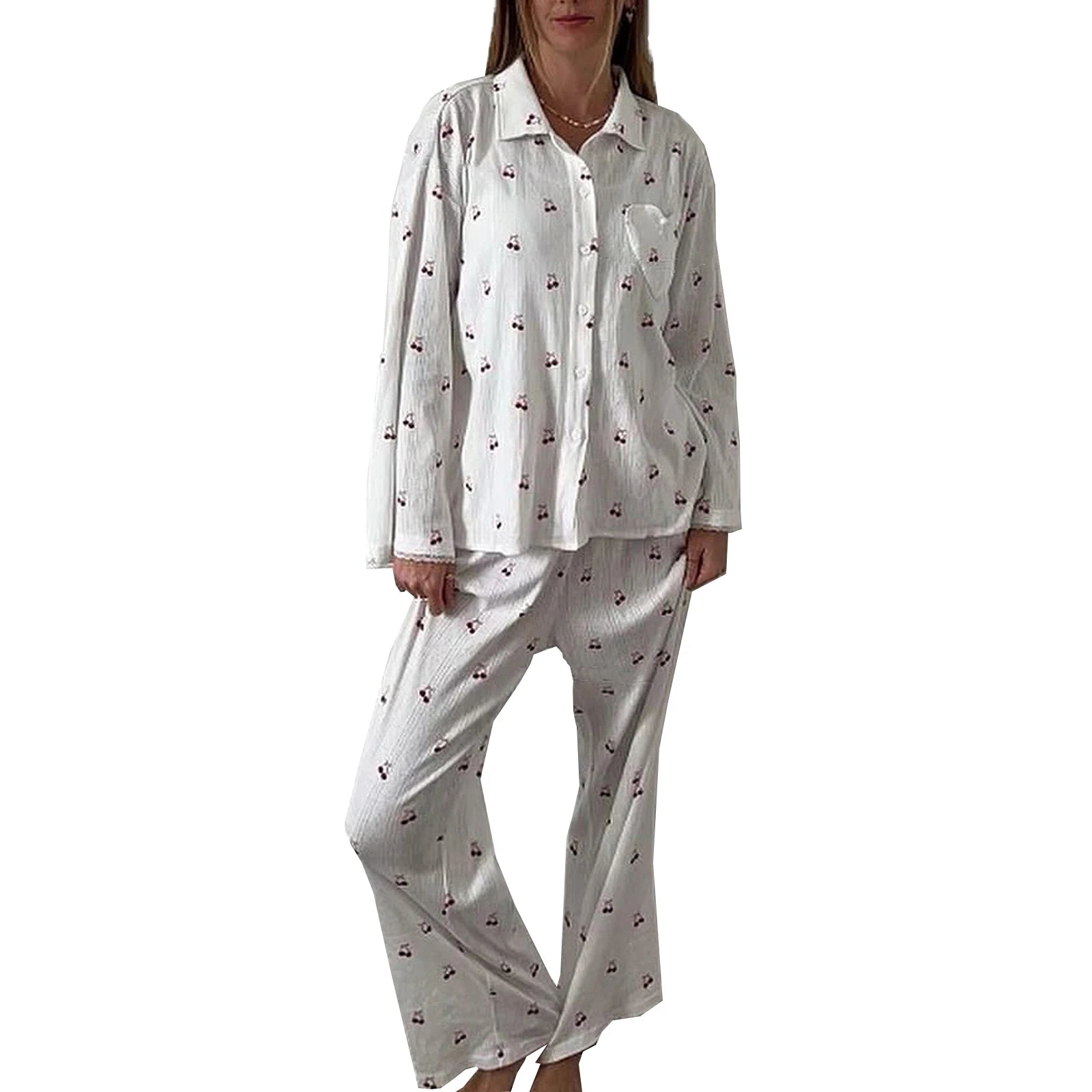 Women's Cherry Print Long Sleeve Pajamas Shirt and Pants