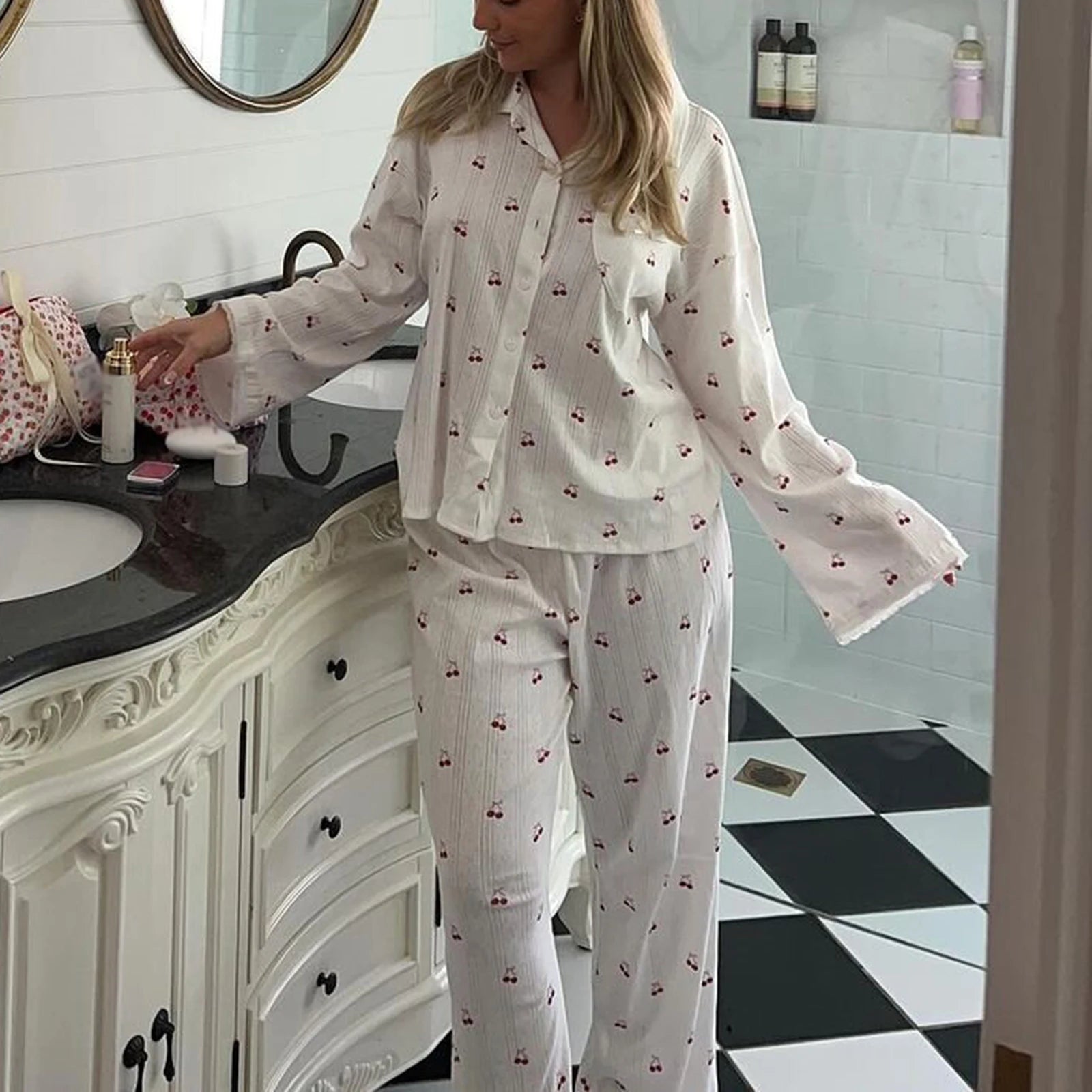 Women's Cherry Print Long Sleeve Pajamas Shirt and Pants