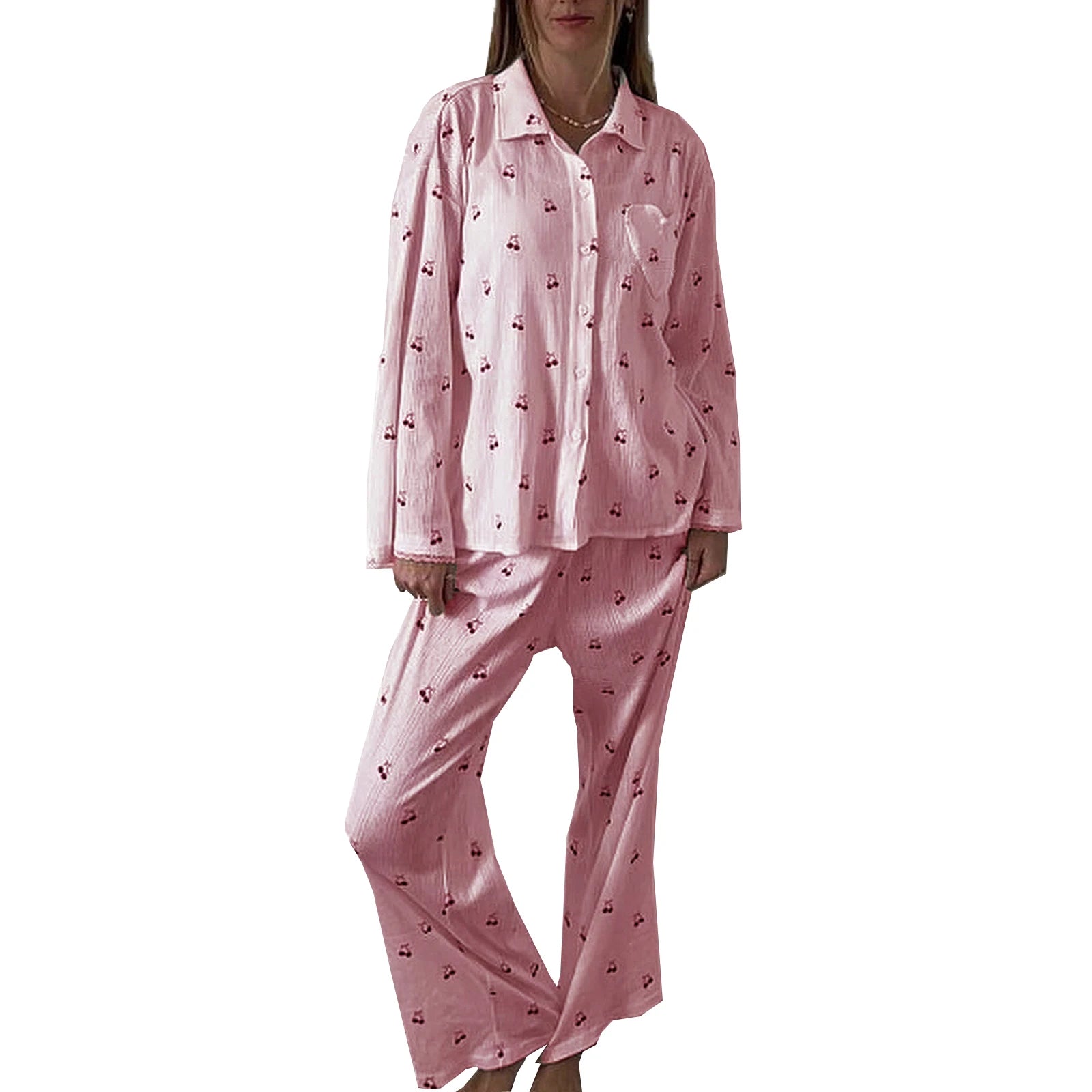 Women's Cherry Print Long Sleeve Pajamas Shirt and Pants