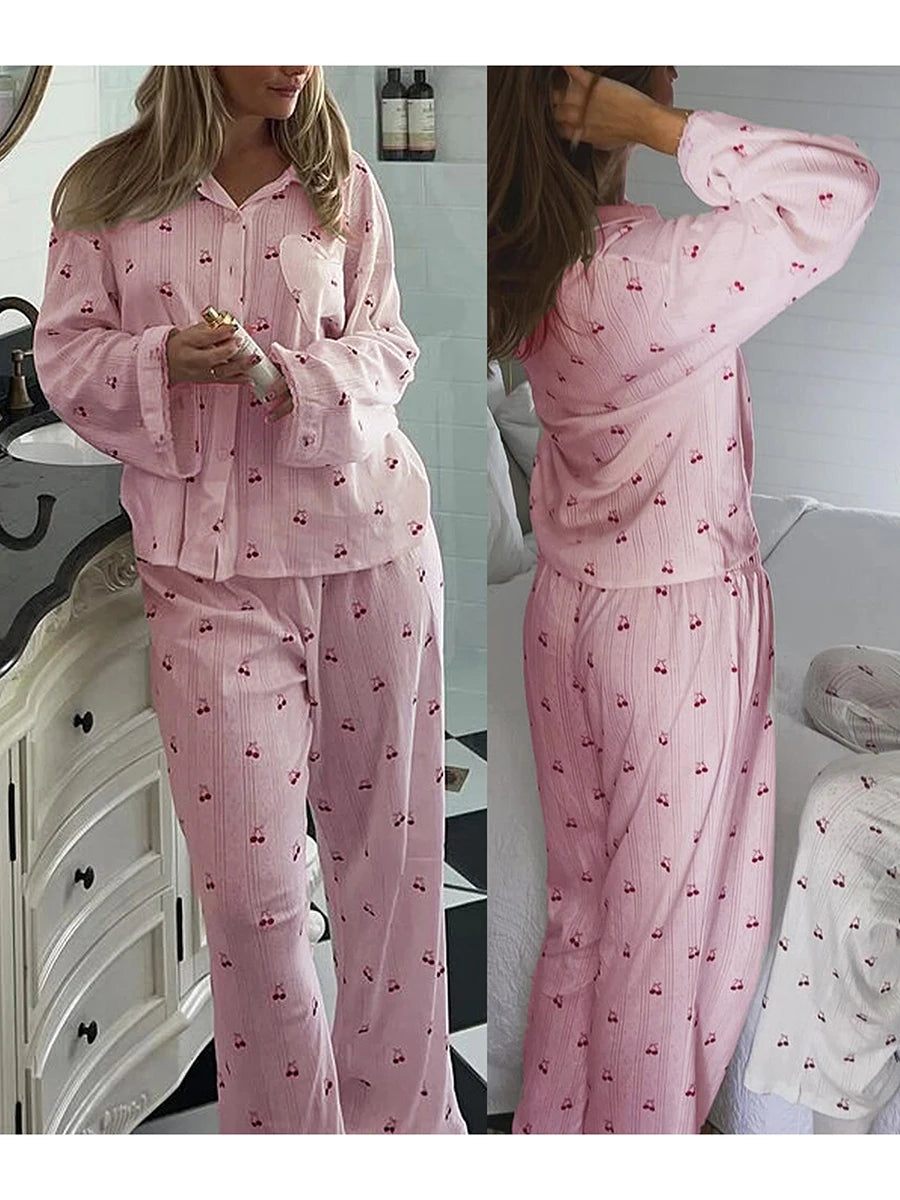 Women's Cherry Print Long Sleeve Pajamas Shirt and Pants