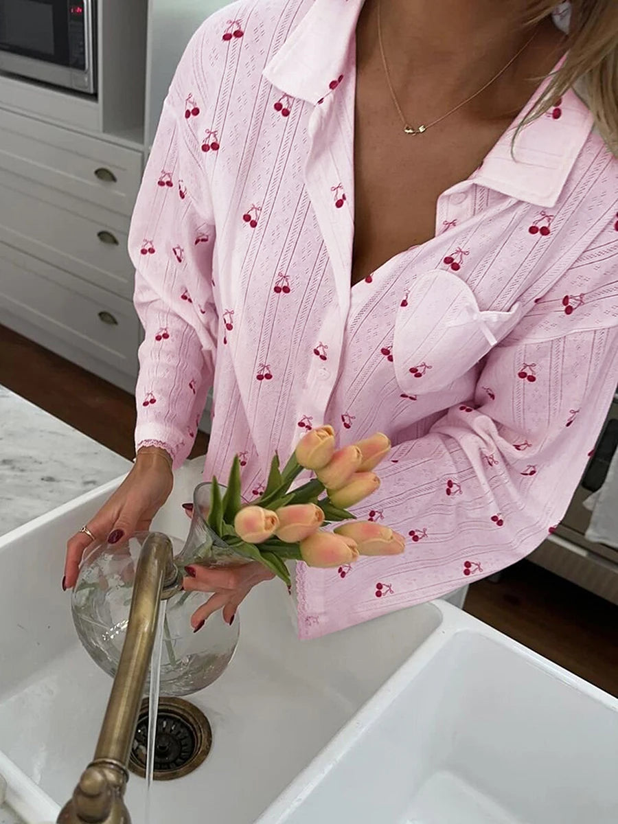 Women's Cherry Print Long Sleeve Pajamas Shirt and Pants