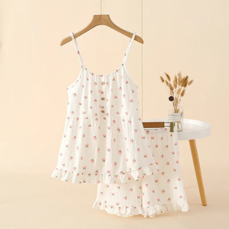 Cotton Nightwear Breathable Pajama Set with Ruffle Detail Pajamas