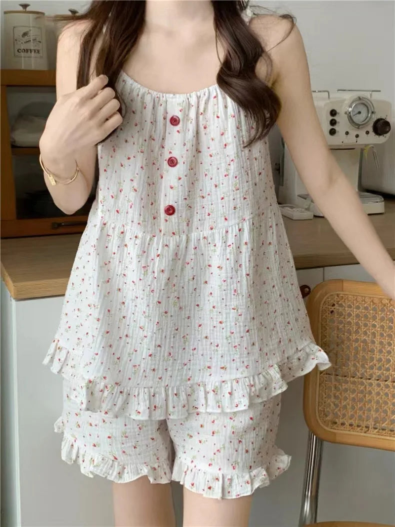 Cotton Nightwear Breathable Pajama Set with Ruffle Detail Pajamas