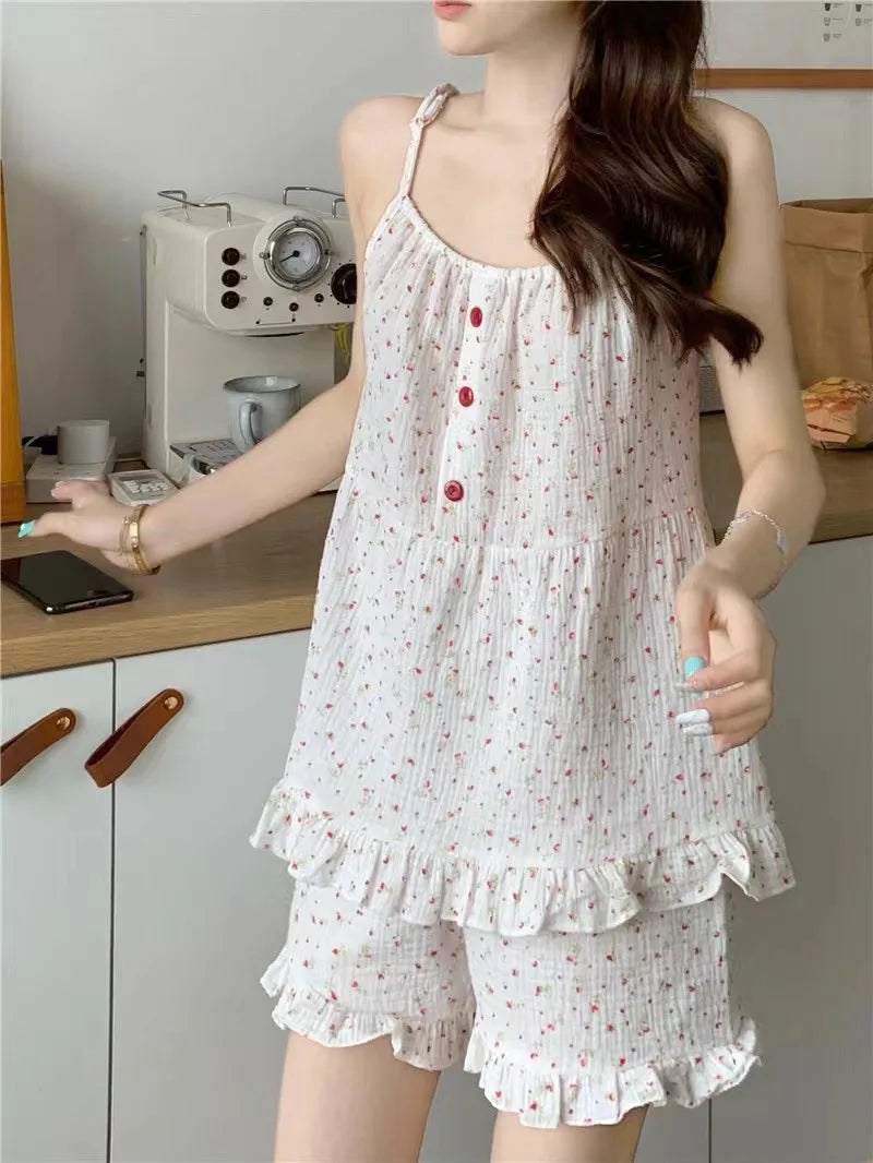 Cotton Nightwear Breathable Pajama Set with Ruffle Detail Pajamas