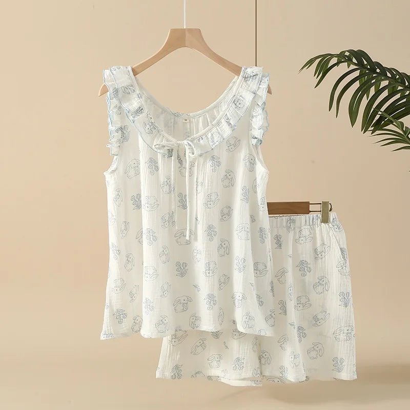 Cotton Pajama Set Nightwear Sleepwear Sleeveless Nightdress