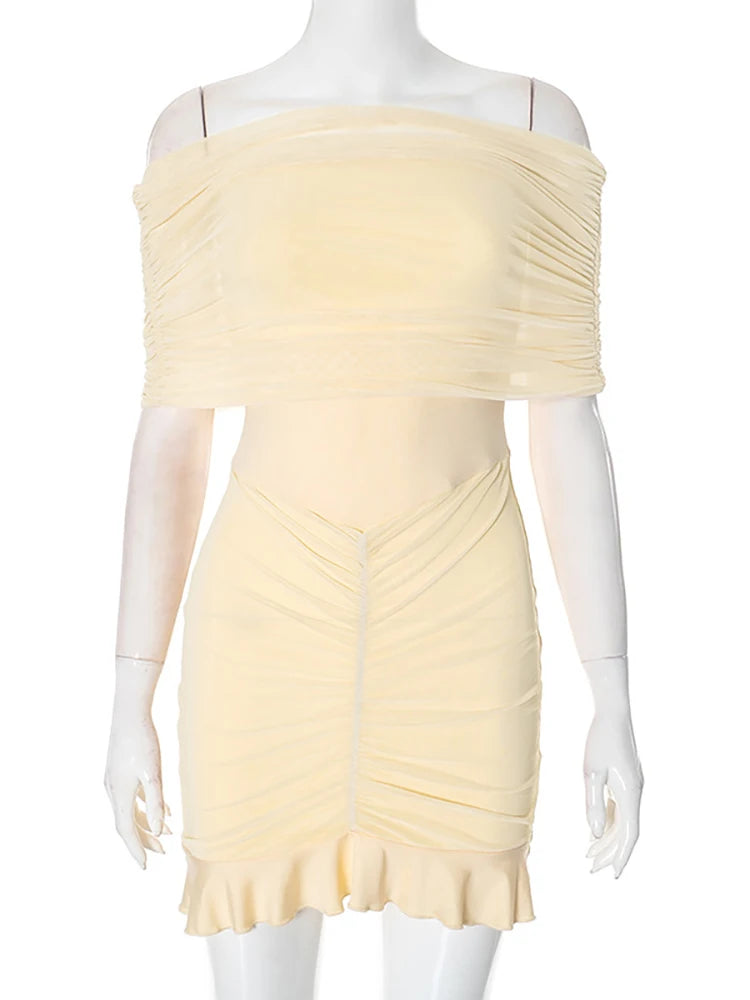 Ruched Bandage Mesh Mini Dress Off Shoulder Cocktail Bodycon