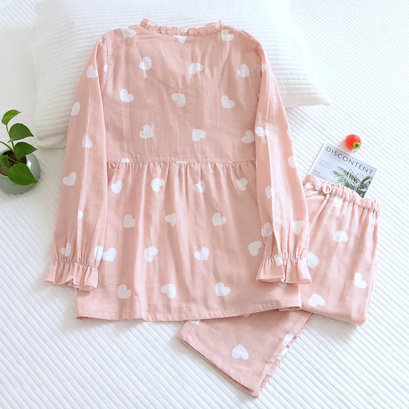 Women's Cotton Pajamas Set with Heart Print Shirt and Pants