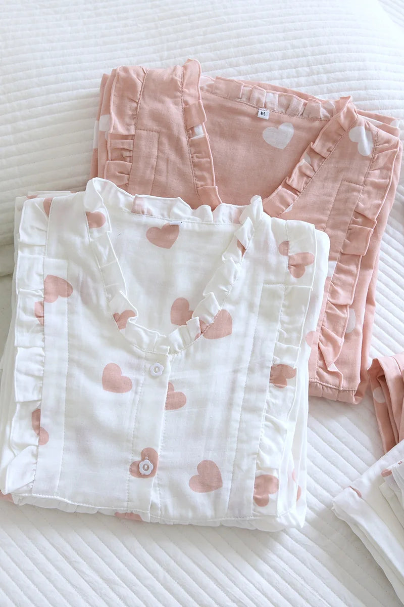 Women's Cotton Pajamas Set with Heart Print Shirt and Pants