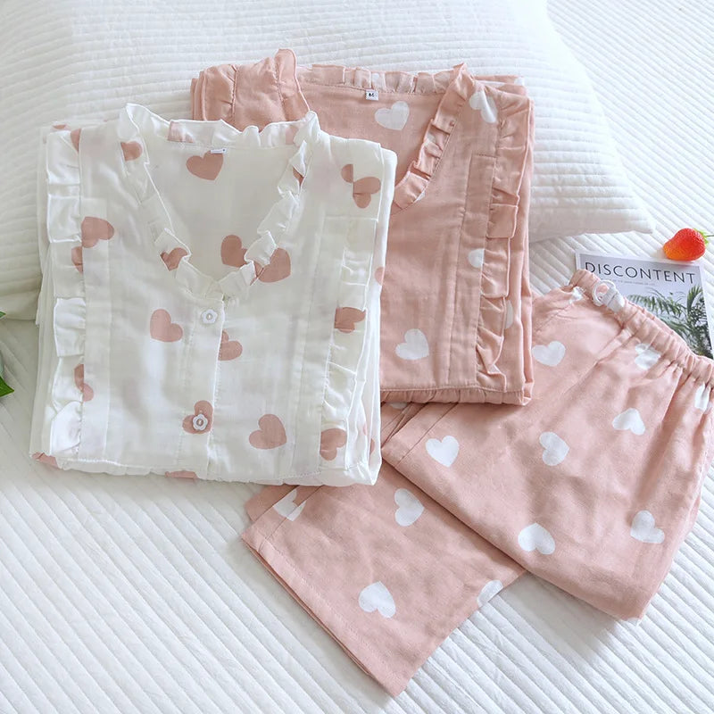 Women's Cotton Pajamas Set with Heart Print Shirt and Pants